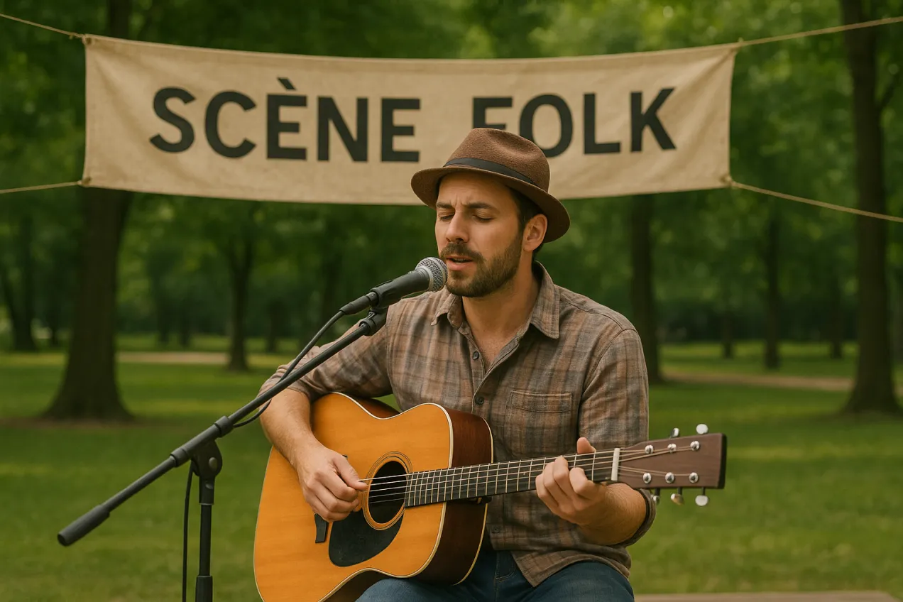 Un musiciens se tient sur une scène, il est assis. Il joue de la guitare et chante. 